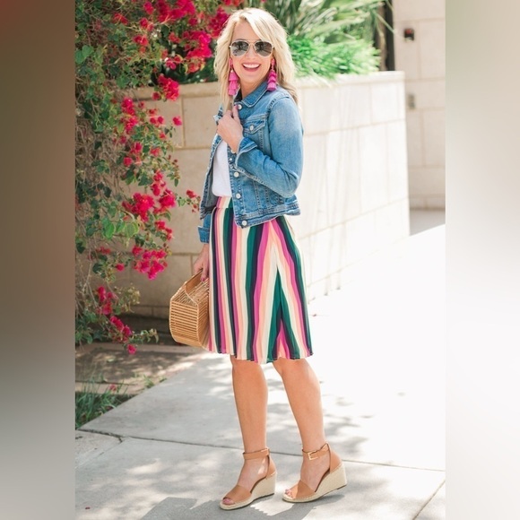 Gibson Bright Colorful Stripe Pleated Knee Length Skirt Holiday Event Party XS - Picture 5 of 14